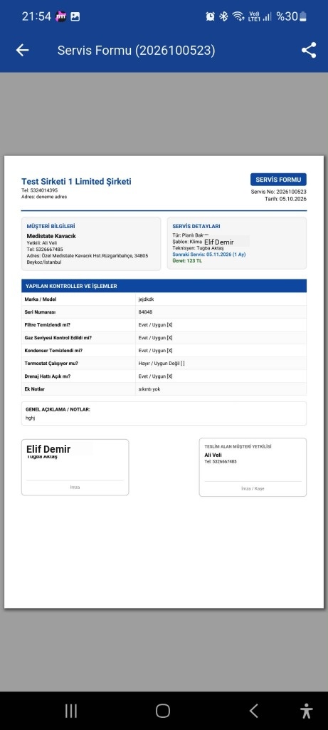 PDF Servis Raporu Ekranı